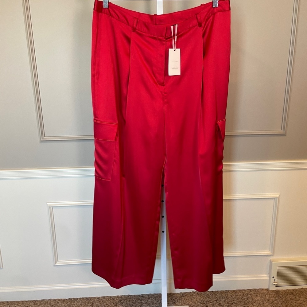 Alex Marie NWT 18 Sandra Cargo Crimson Red Wide Leg Satin Pants $119 Luxe